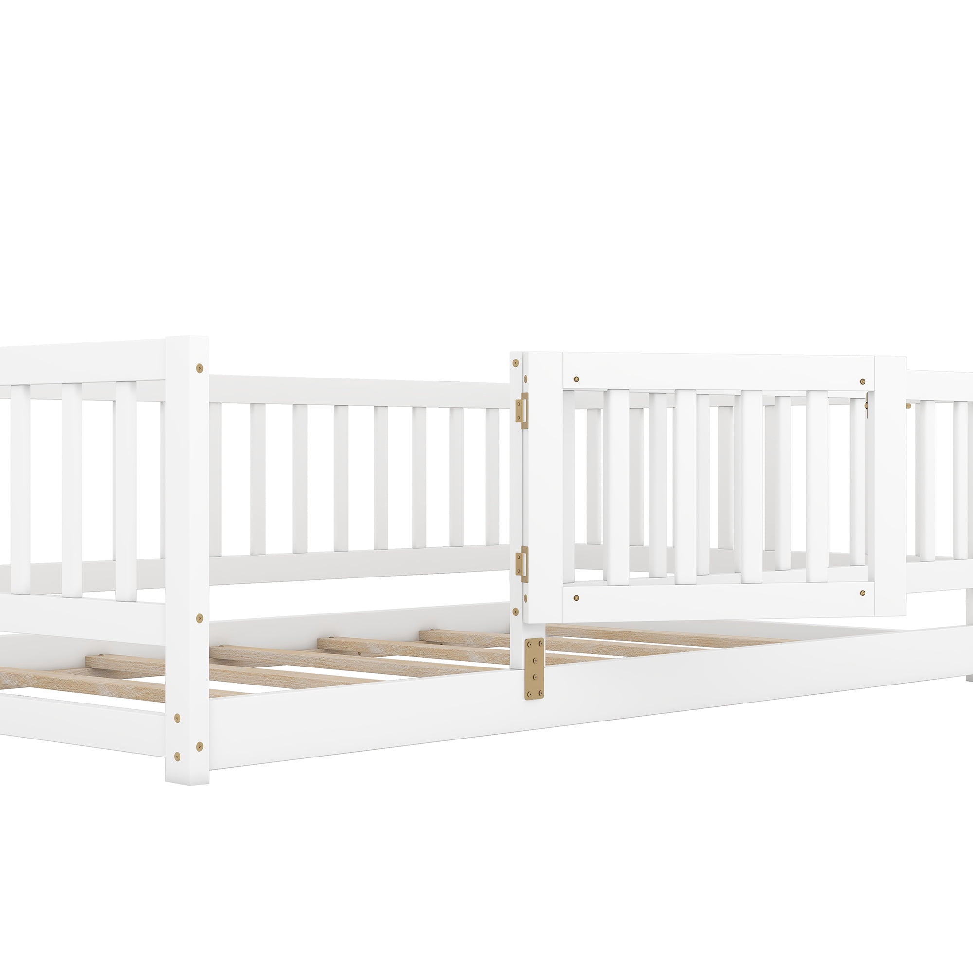 Montessori Floor Bed, Kids Bed Frame, Low Profile Toddler Bed with Removable Slats and Safety Door, Wood Bed Frame for Kids Boys Girls, Twin White