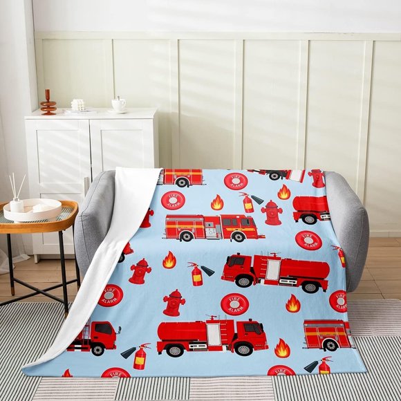 Car Fleece Throw Blanket for Bed Sofa Couch,Kids Fire Engine Fuzzy Blanket,All Season Red Fire Truck Vehicle Pattern Bed Blanket Room Decor Plush Blanket Cartoon Car Pattern Twin 60"x80"