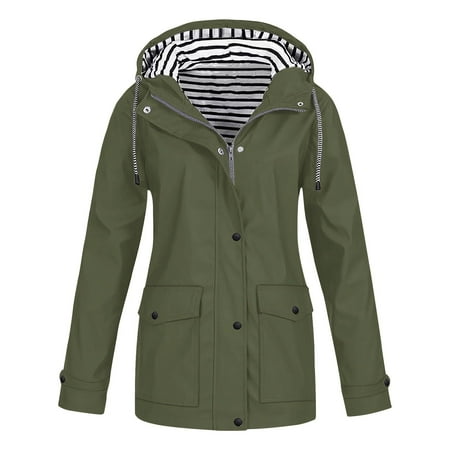 Patlollav Women Plus Size Solid Jackets OutdoorDrawstring Zipper Hooded Raincoat Windproof Coat With Pocket