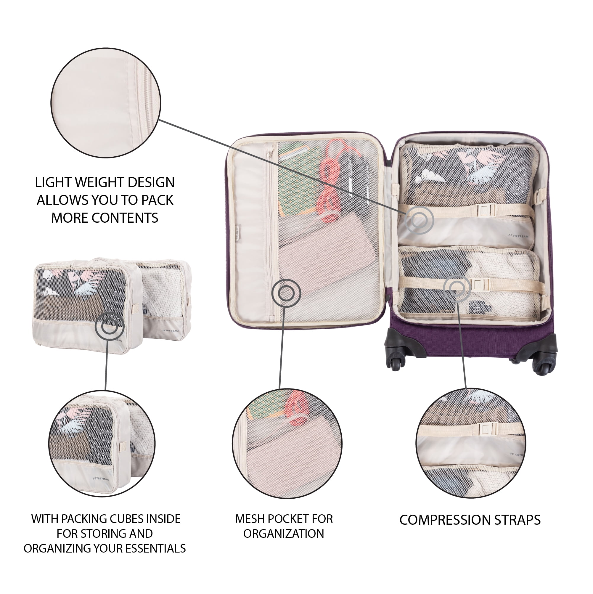 Jetstream 4 Piece Luggage Set with Wheels: 25" Suitcase, Carry On Luggage Bag & 2 Pcs Packing Cubes