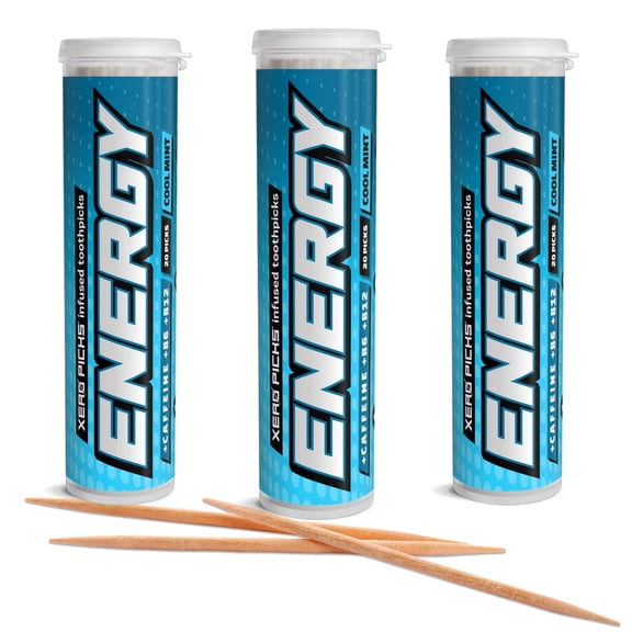 Xero Picks Energy Caffeine Flavored Toothpicks B12 for Focus & B6 (Cool Mint, Pack of 3) Sugar-Free Alternative to Energy Mints & Gum - Kosher