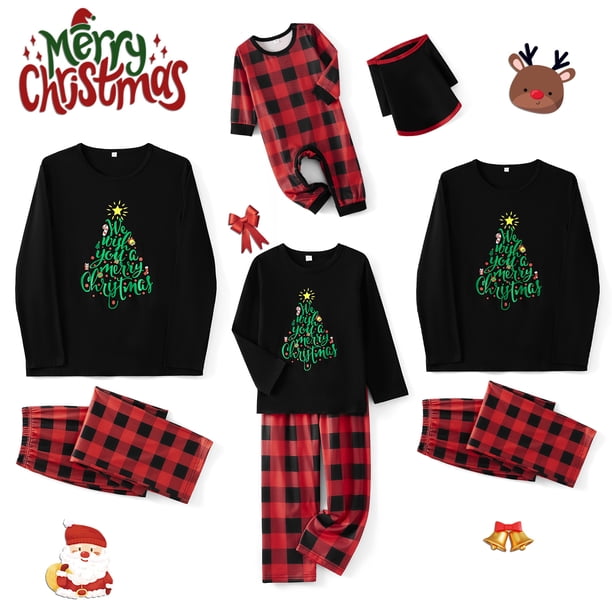 Pijamas navideños familiares a juego, camiseta de manga larga con estampado de árbol y pantalones a cuadros. Ropa de dormir para estar en casa.