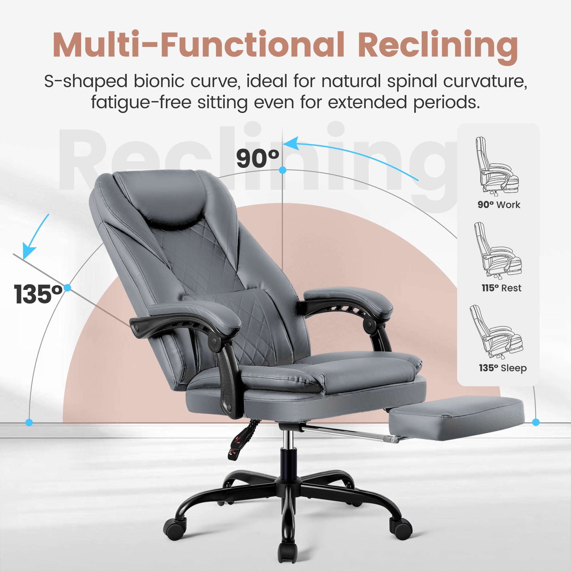 COOLHUT Executive Office Chair, Big and Tall Office Chair with Footrest Reclining Faux Leather Chair High Back Lumbar Support Ergonomic Office Chair with Padded Armrests, Gray