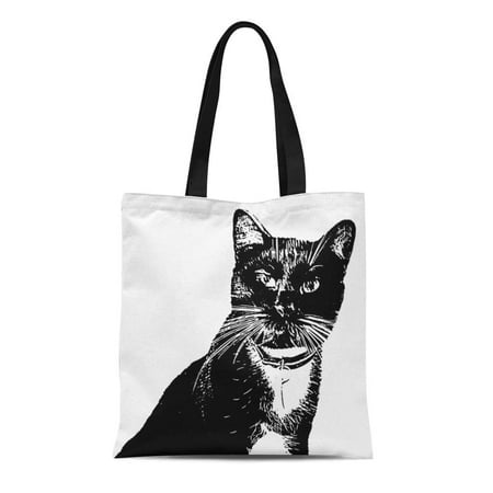 ASHLEIGH Canvas Tote Bag Basic Pop Cat Black White Clip Collar Cool Monochromatic Durable Reusable Shopping Shoulder Grocery Bag