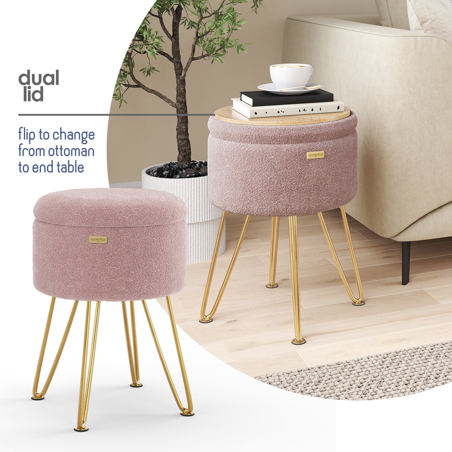 LammaLoe Small Round Ottoman with Storage, Boucle Ottoman Foot Stool with Lid, Upholstered Vanity Stool for Living Room & Bedroom, Pink