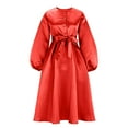 thumbnail image 3 of Women's Casual Church Dresses Satin Long Sleeve A Line Semi Formal Fit Belt Maxi Long Dresses with Pockets, 3 of 5