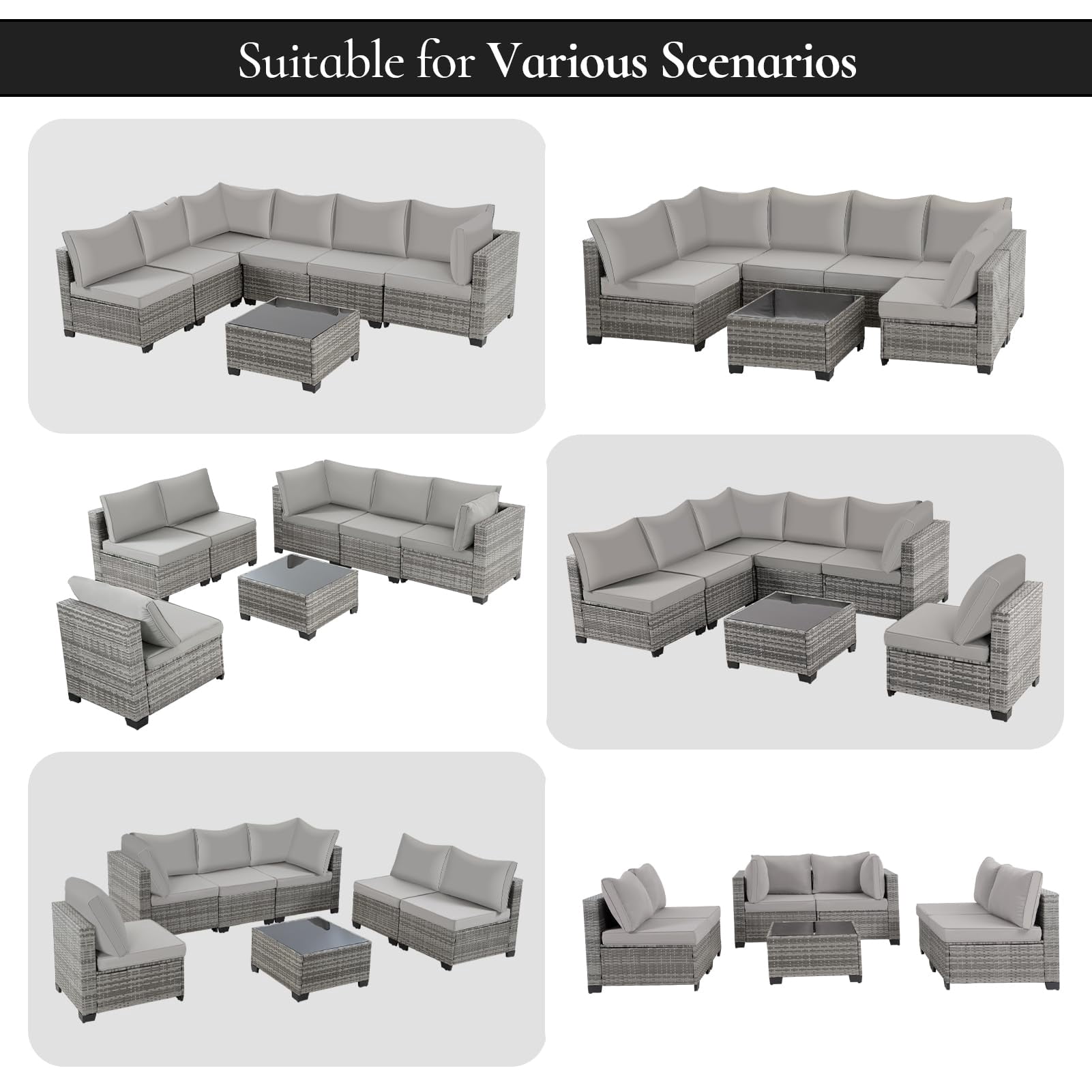 FHFO 7 Pieces Outdoor Patio Furniture Set, Wicker Sectional Sofa Set Rattan Modular Patio Conversation Sets with Cushions Couch Set & Coffee Table for Outside, Garden, Balcony, Porch, Grey/Gray