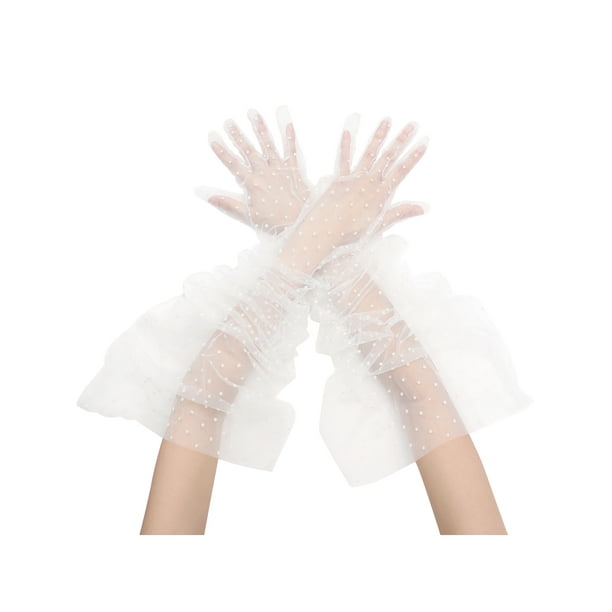 Guantes de encaje extra largos para mujer Inspire Chic, con puños acampanados, de dedos completos, transparentes con lunares, talla única, lunares pequeños blancos