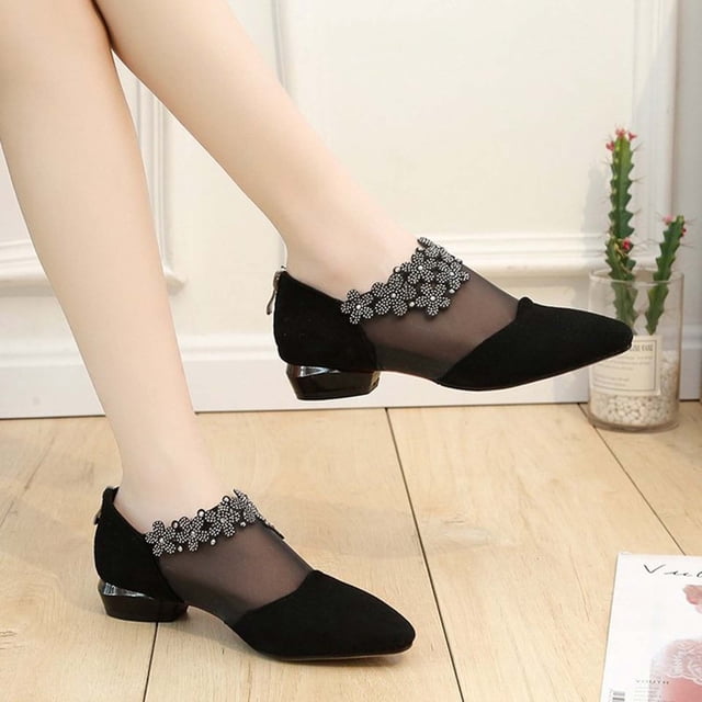 Chaussures Simples Sandales à Bout Pointu avec Strass Fleur en Maille Talon Bas pour Femmes