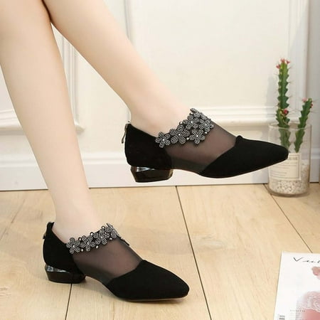 

50% off Summer! TMOYZQ Womens Summer Flat Sandals Closed Pointed Toe Rhinestone Flower Mesh Flats Low Heel Outdoor Anti Slip Sandals Casual Lightweight Flat Shoes