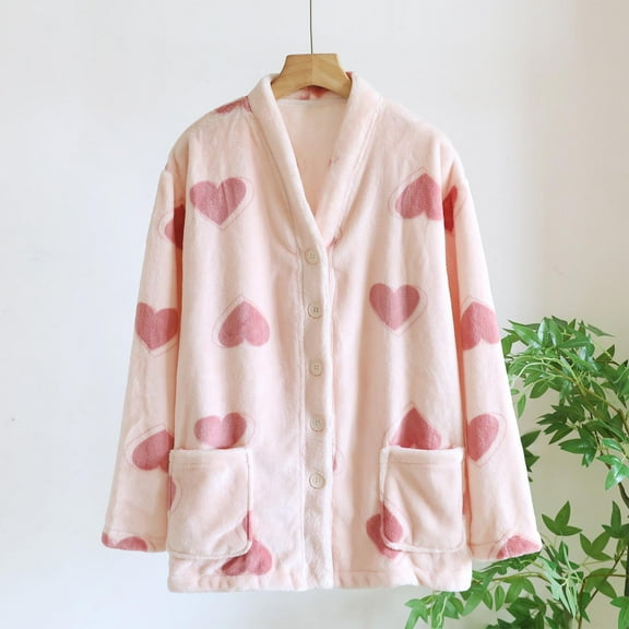 FDGIU Women's Fleece Pajama Jacket‌, Oversized V-Neck Cardigan Coat with Pockets, Cozy Winter Sleepwear & Loungewear