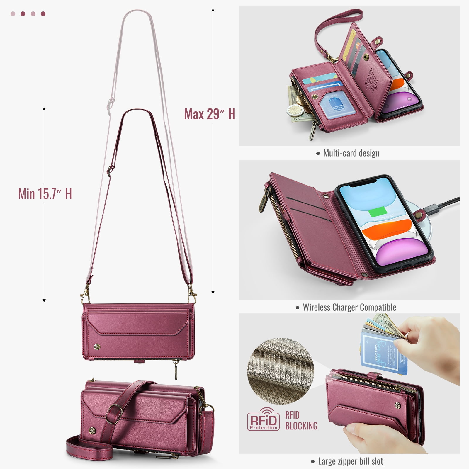 for iPhone 11 Full Body Protection Wallet Folio Flip Case, Shoulder Strap & Wristlet Card Slots Zipper Pocket RFID Blocking Rugged Durable PU Leather Phone Case Cover, Winered
