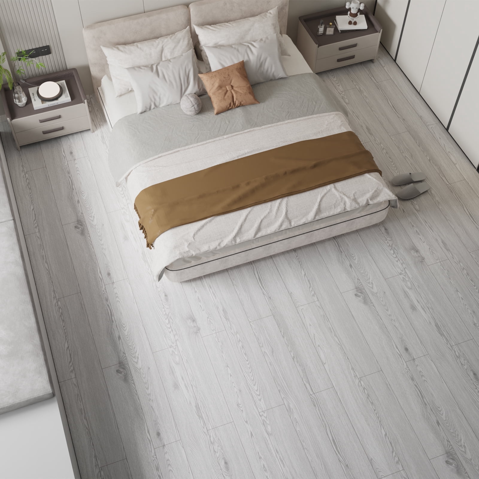Vinyl Flooring Roll PVC Thickened Peel and Stick Floor Wood Plank Self Adhesive Flooring DIY 23.6" X 196" Light Gray