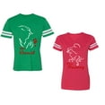 thumbnail image 1 of Her Beauty His Beast Unisex Couple Matching Cotton Jersey style T-Shirt Contrasting stripes on sleeves (Men Green / Women Red) (Men XL / Women S), 1 of 3
