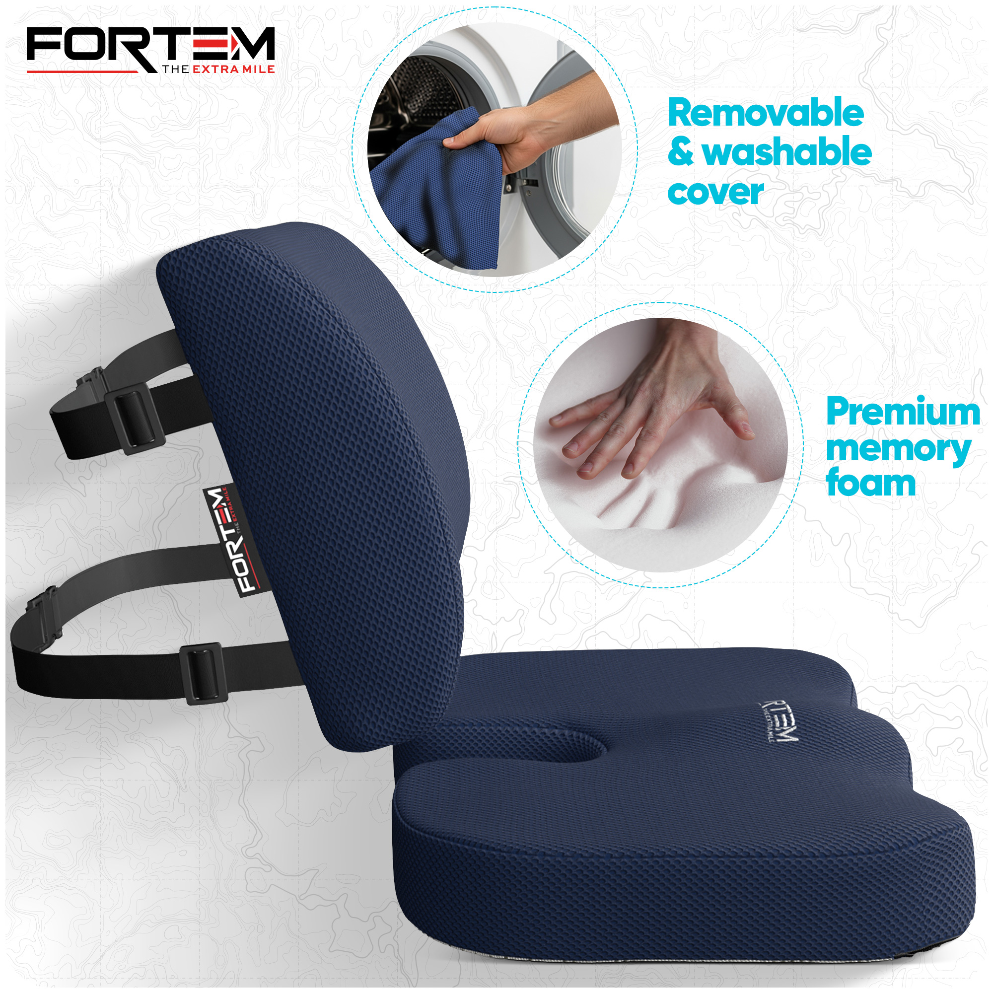 FORTEM Seat Cushion, Office Chair Cushion, Lumbar Support Pillow for Office Chair, Memory Foam Car Seat Cushions, Sciatica Coccyx Tailbone Pain Relief, Cushions for Back Support, Washable, Non Slip