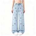 thumbnail image 3 of Girl's Bow Embroidered Baggy Jeans Elastic Wide Leg Denim Pants Cute Jeans for School Girls, 3 of 6