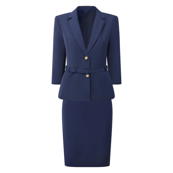 DARING DIVA 2Pcs Women's Business Dressy 3/4 Sleeve Suit Blazer Skirt Set S Navy Blue