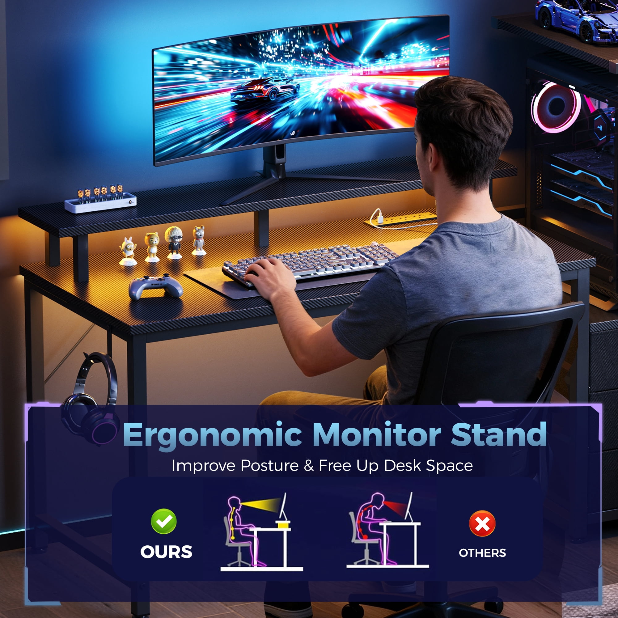 CONCETTTA Gaming Desk, 52 Inches, With Shelf Storage Drawers, Black Computer Desk With Led Lights And Power Sockets, Office Wooden Desk With Pc Stand And Cable Management