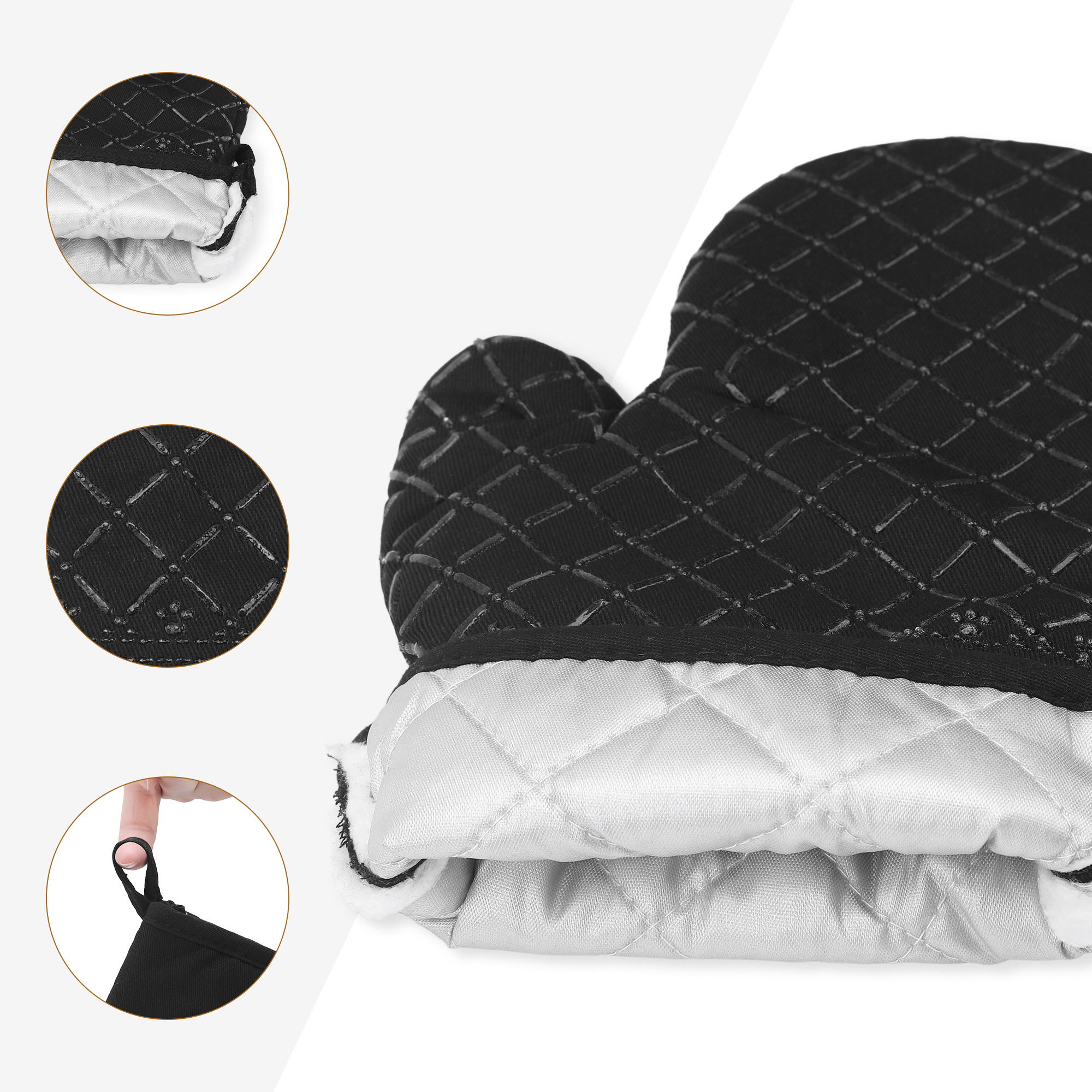 Unique Bargains Silicone Cotton Heat-Resistant 2 Pcs Kitchen Mitts Black 11.8x6.7inch