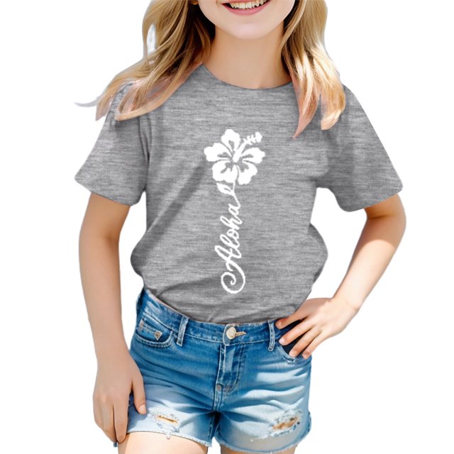 LUOGENLI T-Shirt pour Filles Garçon et Fille Mode Décontractée Imprimé Col Rond Ample Manche Courte T-Shirt Haut Maxi Chemises pour Filles 2025 Portefeuille Gris 6-7 Ans
