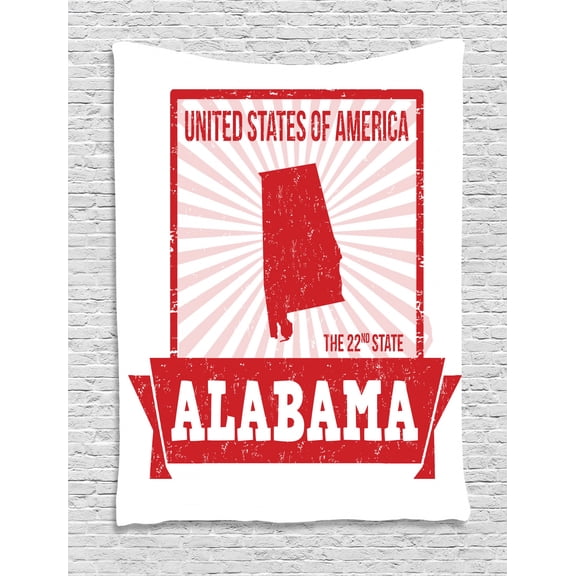 Alabama Tapestry, State of Alabama Map on Grungy Radiating Lines Starbust Background, Wall Hanging for Bedroom Living Room Dorm Decor, 60W X 80L Inches, Vermilion Pale Pink White, by Ambesonne