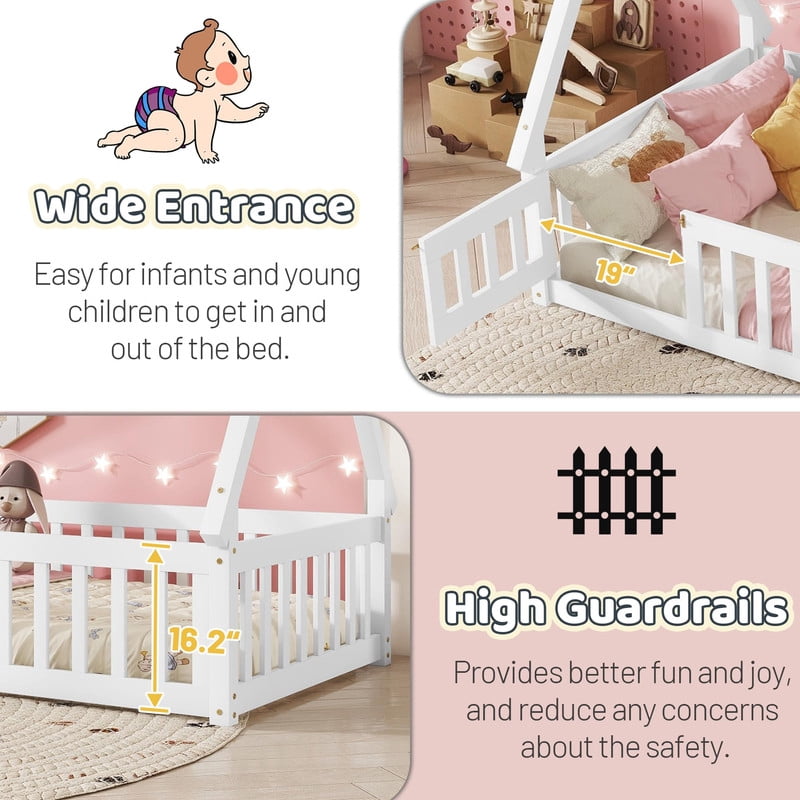 Mirightone Twin House Bed Frame with Rails and Door,Wood Montessori Bed with Slats Support,Teepee Tent Floor Beds Frame - White