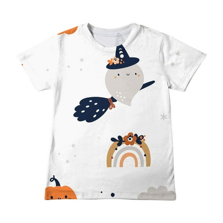 

YWDJ Tops for Girls Short Sleeve Gradient Print Tops Child Crewneck Summer Casual Loose Tshirt White 13 Years