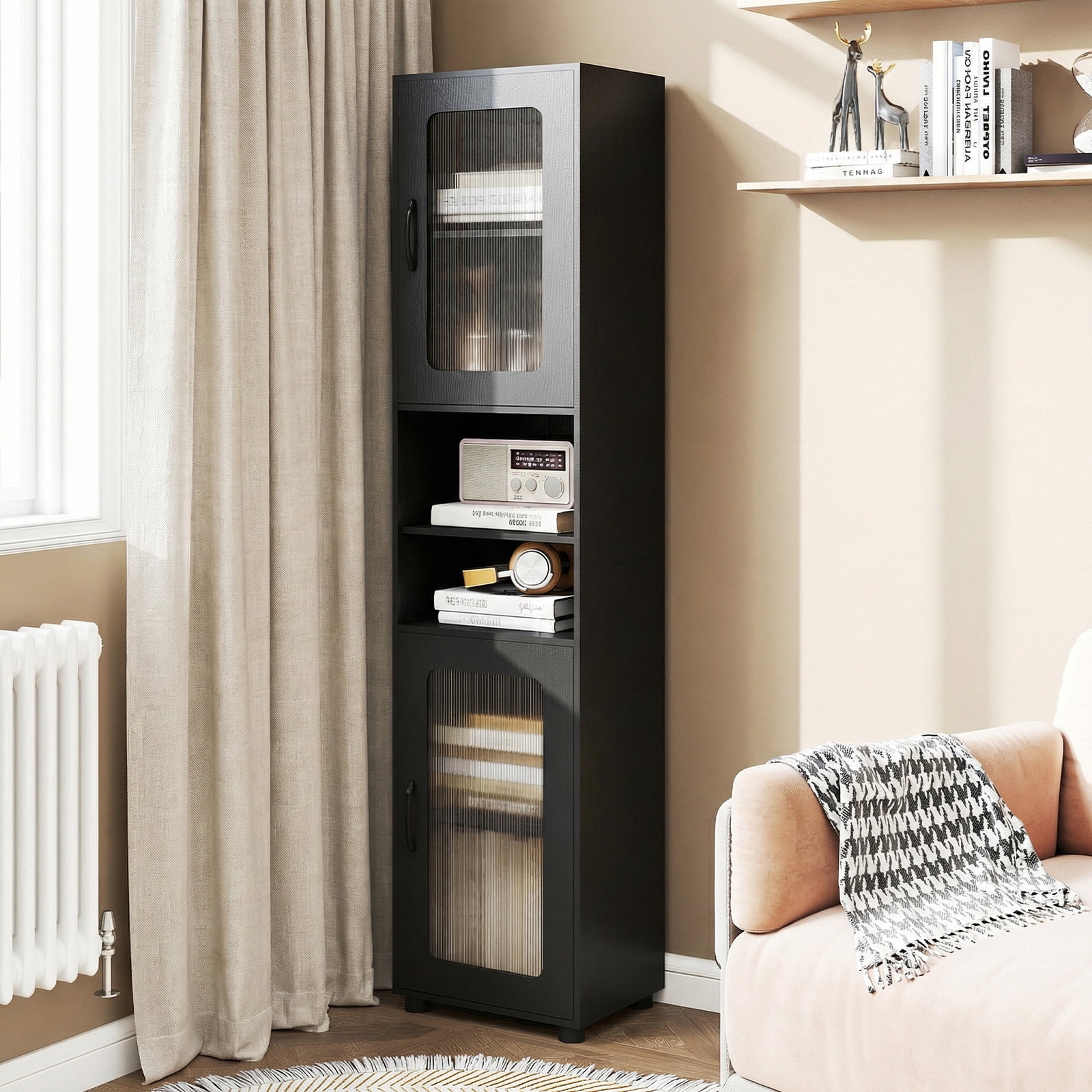 Costway Bathroom Cabinet, Slim Floor Storage Cabinet with 2 Fluted Doors,4 Rubber Feet Black