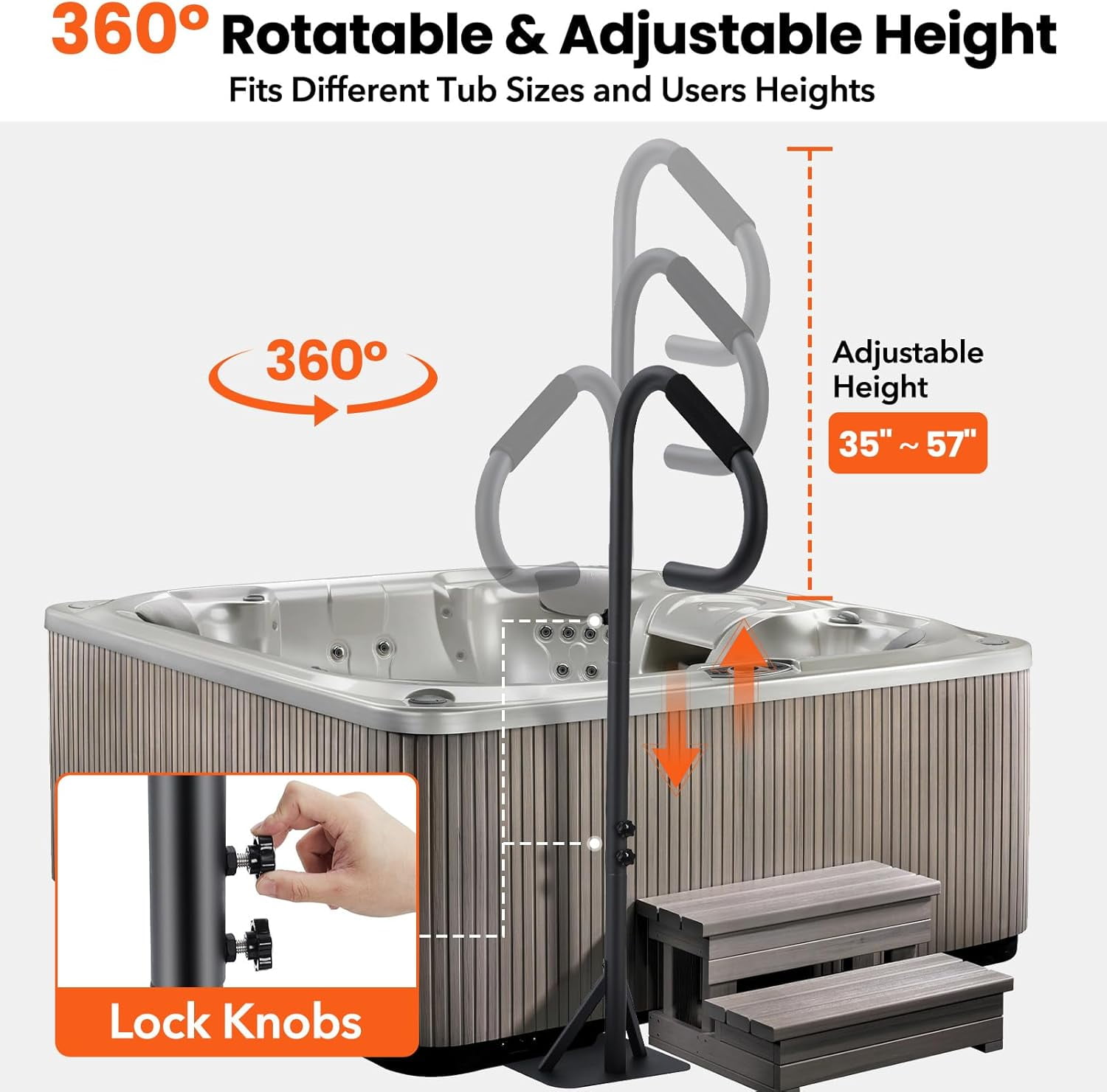 Hot Tub Handrail,360 Rotatable Spa Side Handrail with Adjustable Height,Rust-proof Spa Step Hot Tub Hand Rail with Slide-Under Mount Base & Non-Slip Grip for Indoor & Outdoor,600LBS Capacity
