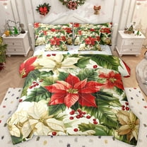 Manfei Green Red Beige 7pcs Bedding Comforter Set,Merry Christmas Queen Bedding Sets,Xmas Floral Berry Queen Sheet Sets For Adult,Super Cozy Room Decor Reversible