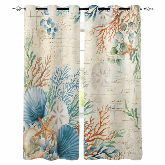 Beige Beach Coastal Blackout Curtains for Bedroom, Summer Nautical Coral Shell Botanical Thermal Insulated Kitchen Drapes with Grommets, Light Blocking Window Treatment, 2 Panels 42" x 63"