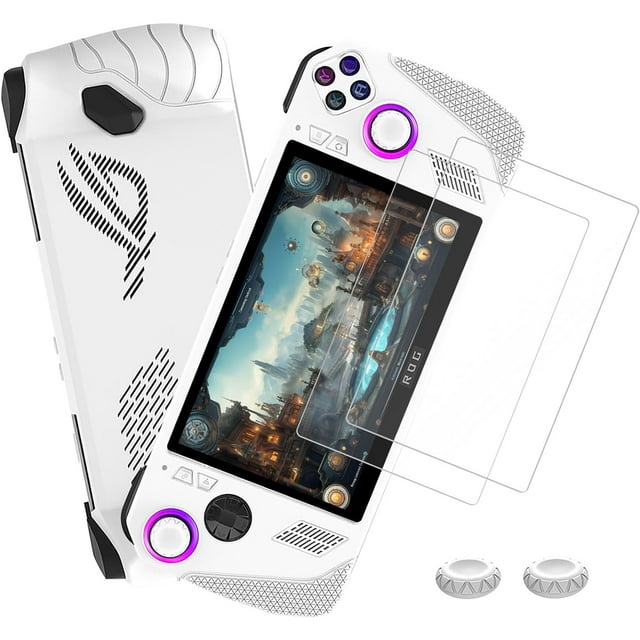 GHSDFBB Étui en Silicone pour ASUS ROG Ally Sortie 2023, Étui Protecteur de Console de Jeu Portative avec 4 Capuchons de Prise pour Pouce et Lot de 2 Protecteurs d'Écran - Améliorez Votre Expérience de Jeu (Blanc)
