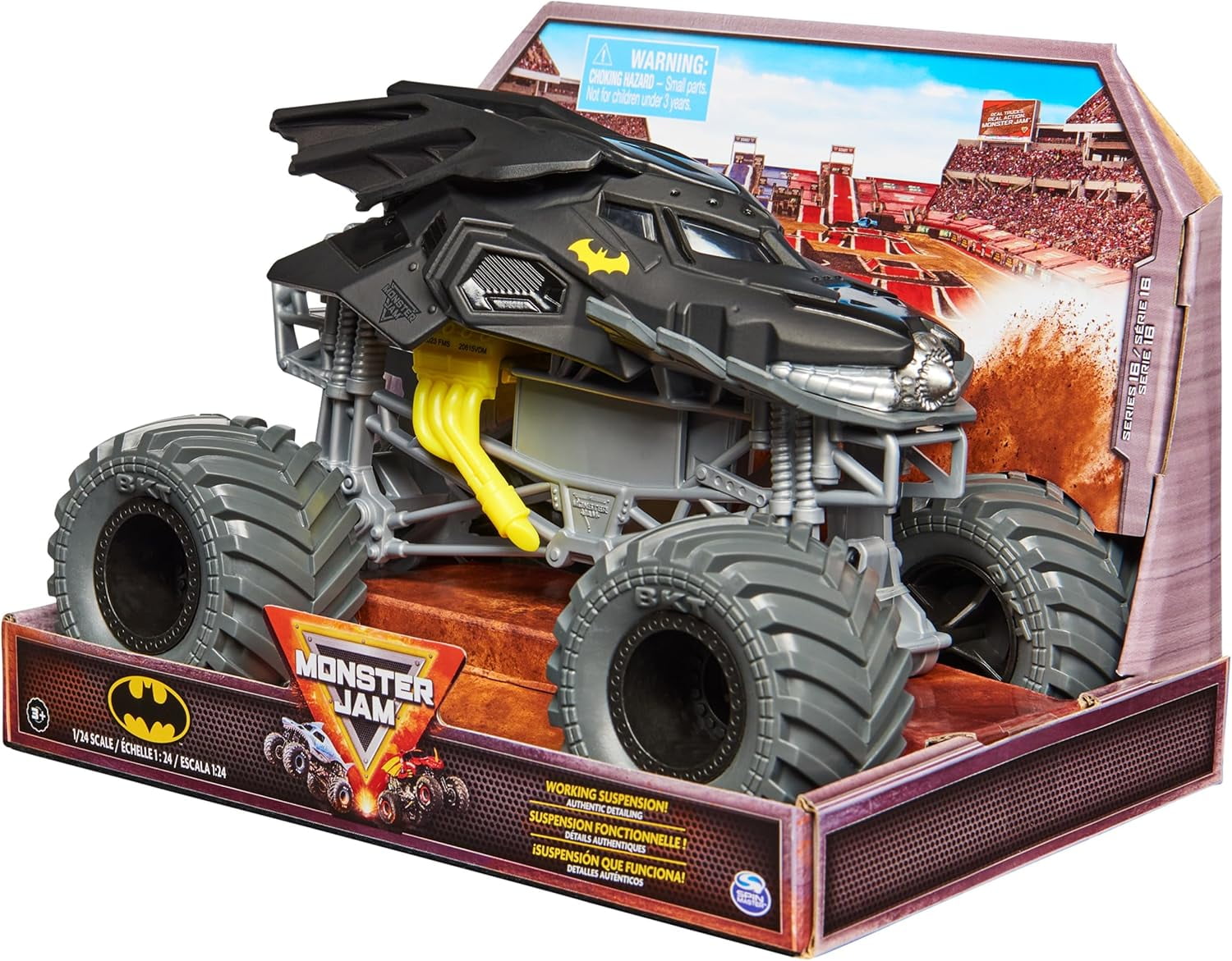 Monster Jam, Official Batman Monster Truck - Retro Batmobile Desert Edition 1:24 Scale Die-Cast Vehicle and BKT Tread Tires, Gift for Fans & Kids Toys Ages 3+