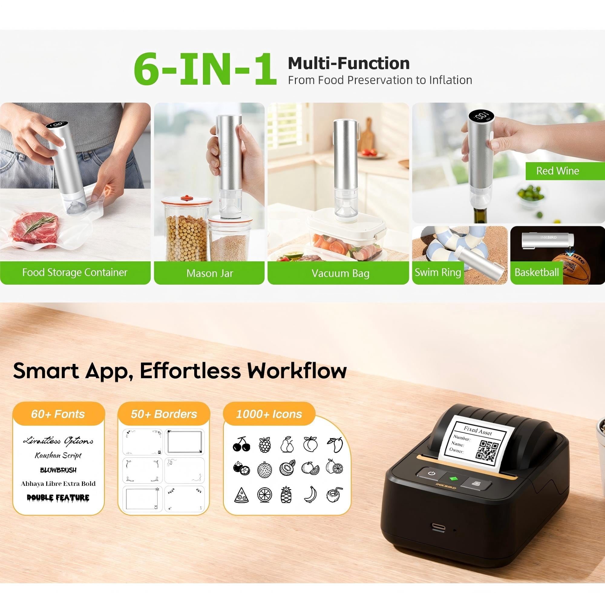 INKBIRD Father‘s Day Portable Label Makers and KZ100 Handheld Vacuum Sealers, Picnic - perfect Portable Comb,Outdoor,Kitchen