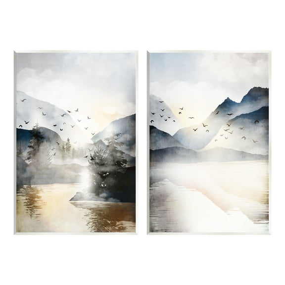 Stupell Sunlit Birds Over Lake Landscape Landscape Painting Wall Plaque Unframed Art Print Wall Art, Set of 2