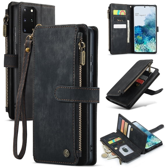 for Samsung Galaxy S20 Plus Case, Wallet Case with Card Holder Kickstand Magnetic Zipper Pocket Lanyard Strap Wristlet,Leather Flip Case Wallet for Samsung Galaxy S20 Plus,Black