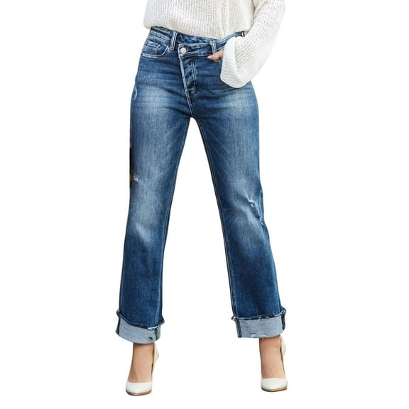 JIKNTTR Comfort Womens Jeans Elegant High Waisted Straight Leg Jeans With Pockets Stylish Rolled Hems Denim Pants Daily Comfy Denim Pants