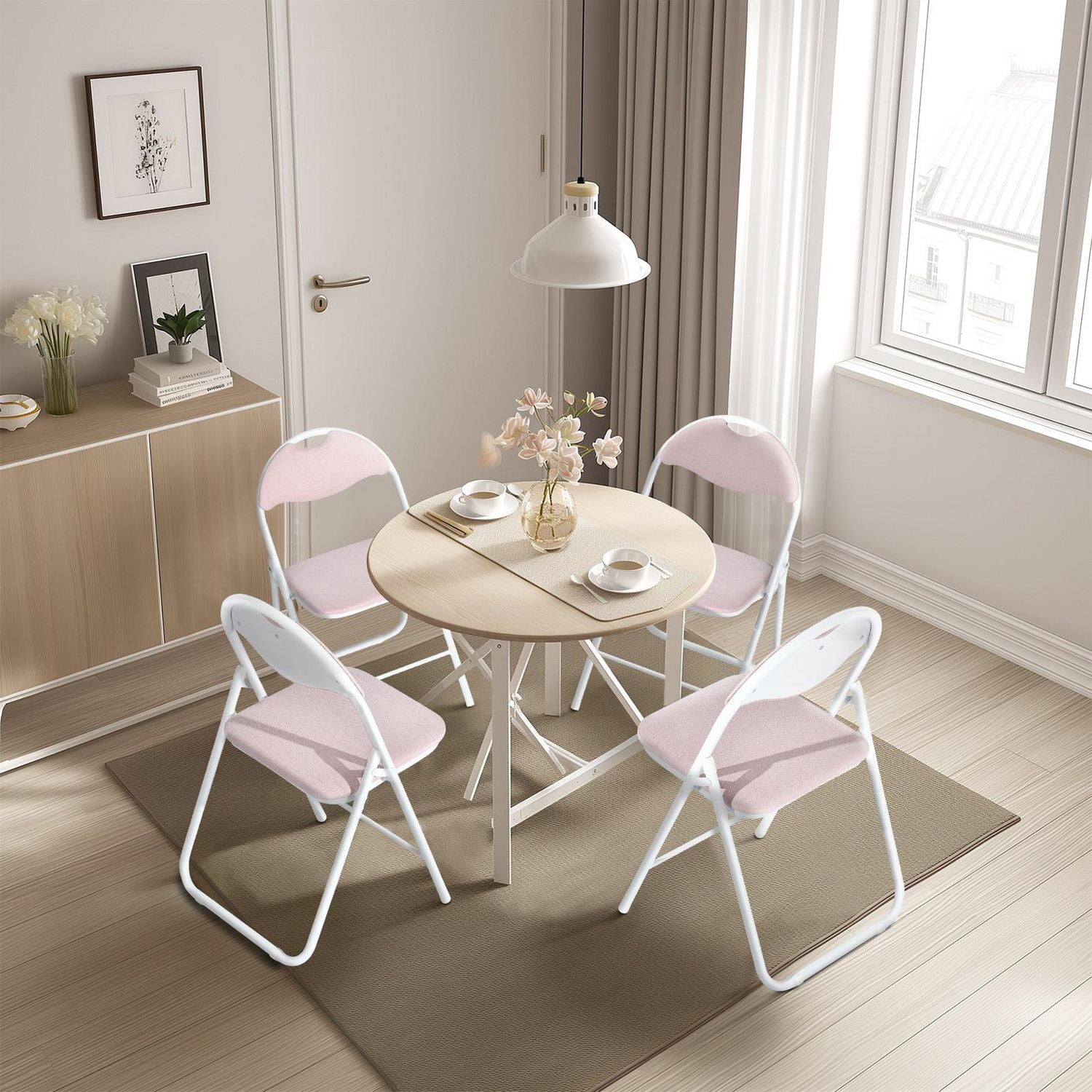 Homy Casa Lot de 4 chaises pliantes - Ensemble de 4 chaises pliantes rembourrées de qualité supérieure avec cadre en métal robuste, daim brun/tissu rose/tissu gris