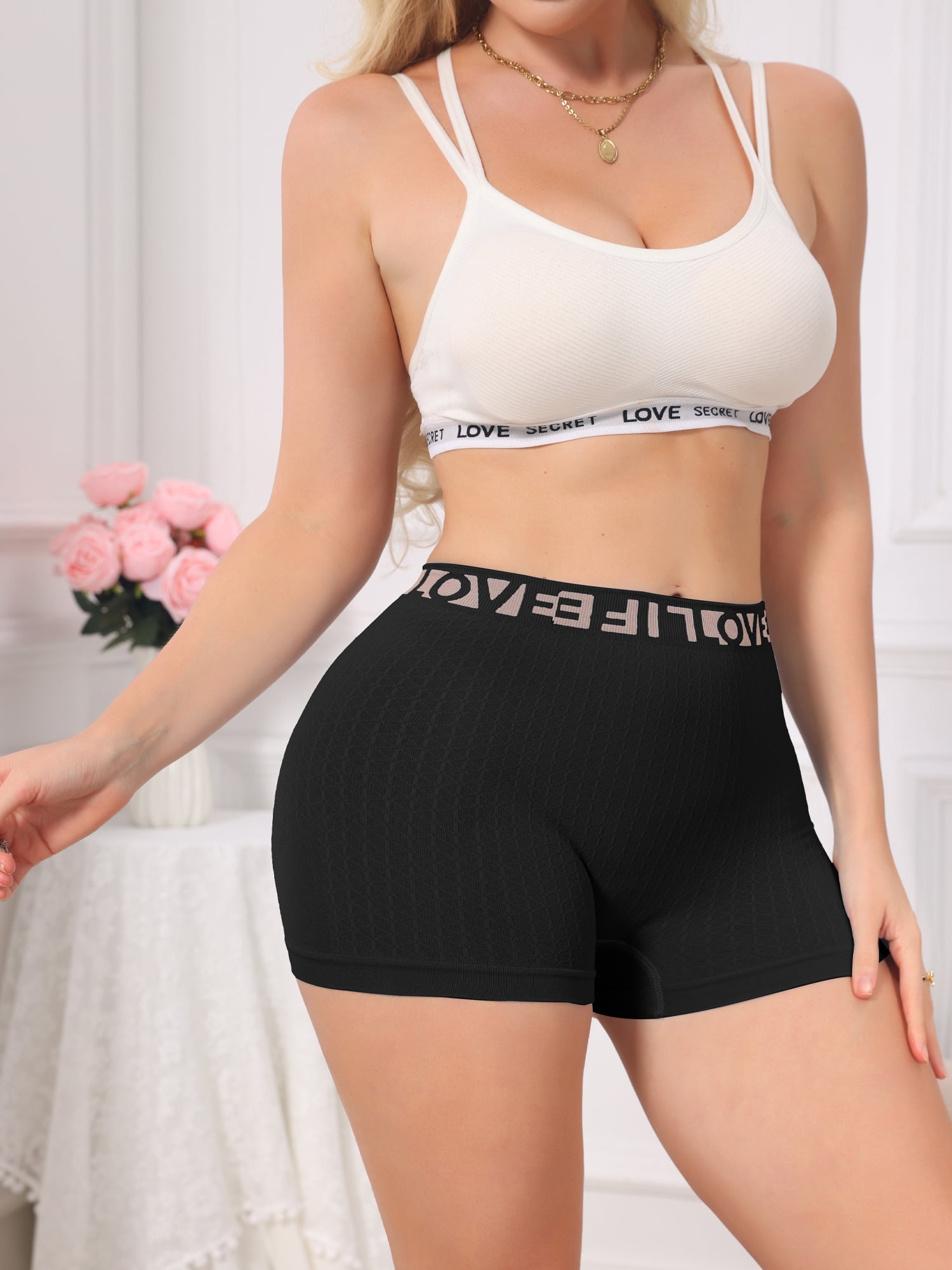 DARING DIVA Women's High Waisted Boyshorts Ribbed Tummy Control Stretchy Panties L Black