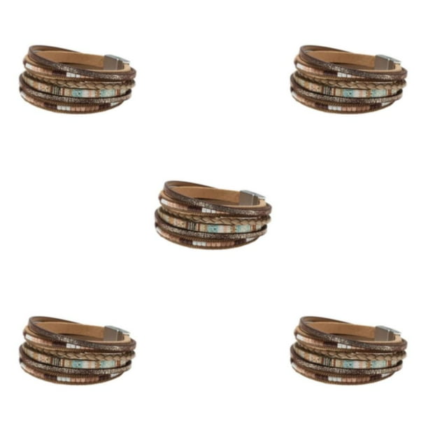 Qarigey Pulseras de cuero Vintage para mujer, brazalete de cuentas de cristal multicapa, brazalete de joyería, broche , color caqui Type2 NO2