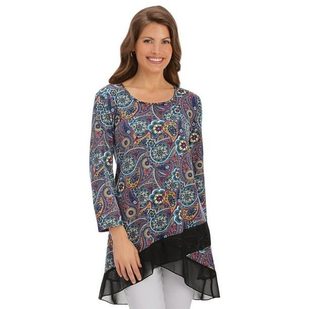Collections Etc. - Women's Paisley Printed Tunic With Mesh Hemline ...