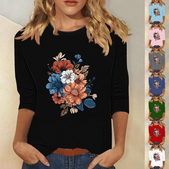 CYMMPU Tunic Tops 3/4 Sleeve Spring Tops Round Neck Summer Fashion Shirts Floral Printed Blouses for Women Dressy Casual Loose Fit Lightweight Basic T-Shirts Blue XXL
