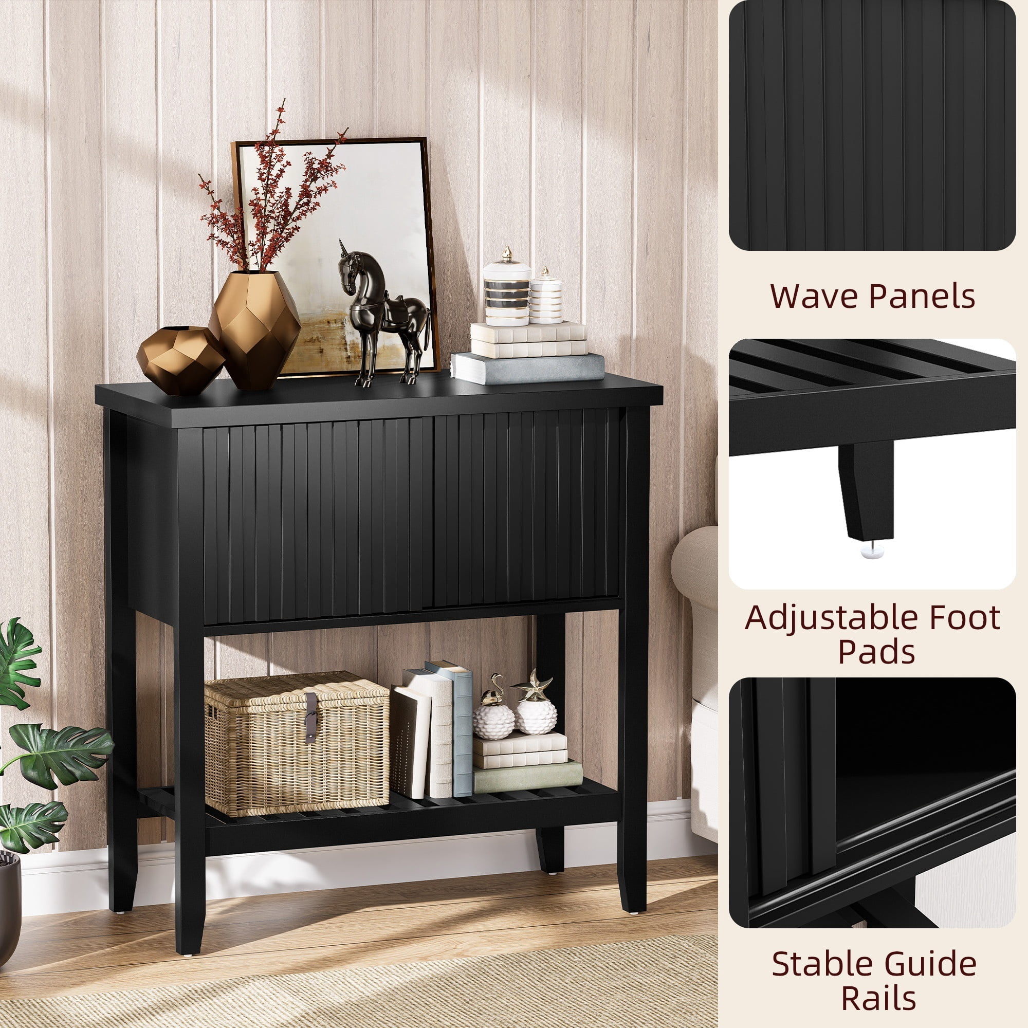 31.5" Small Entryway Display Table, Wooden Console Table with 2 Sliding Doors, Storage Accent Sofa Table with Open Shelf