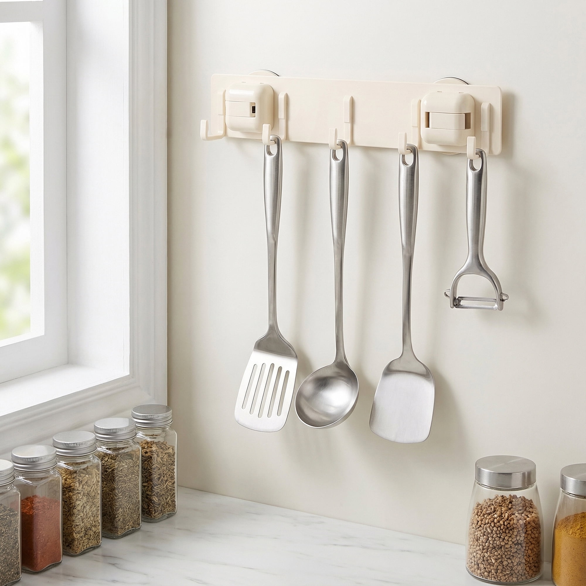 Unique Bargains Coat Rack Wall Mount Metal Suction Square 5 Hooks Rack White 13.2"x2.4"