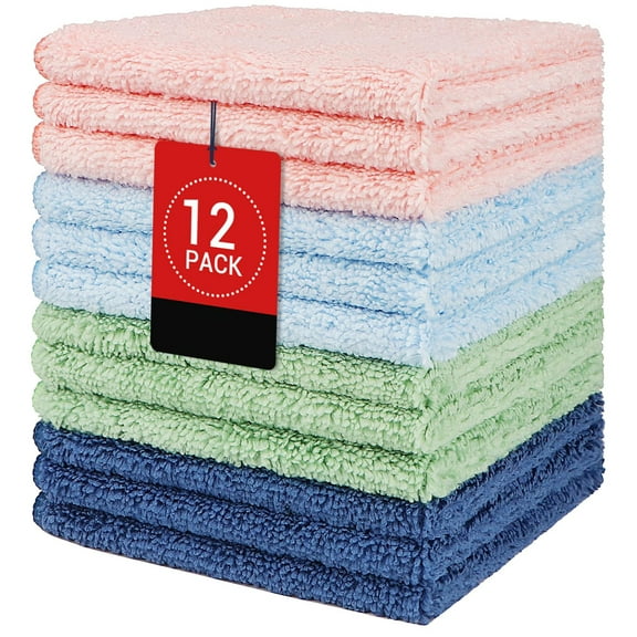 12x12 Inch Microfiber Towels 12 Pack, Absorbent Washcloths for Face Hands Body, Multi-Surface Cleaning Cloths for Home Gym Spa, Durable and Lightweight, Multicolor
