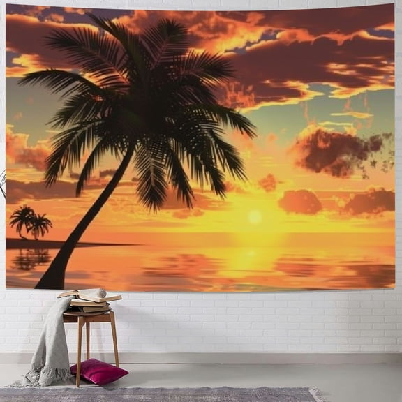 PRATYUS Sunset Coconut Palm Tree Beach Ocean Tapestry for Bedroom, Wall Hanging Tapestries Poster for Living Room Dorm Blanket Home Outdoor Decor Painting