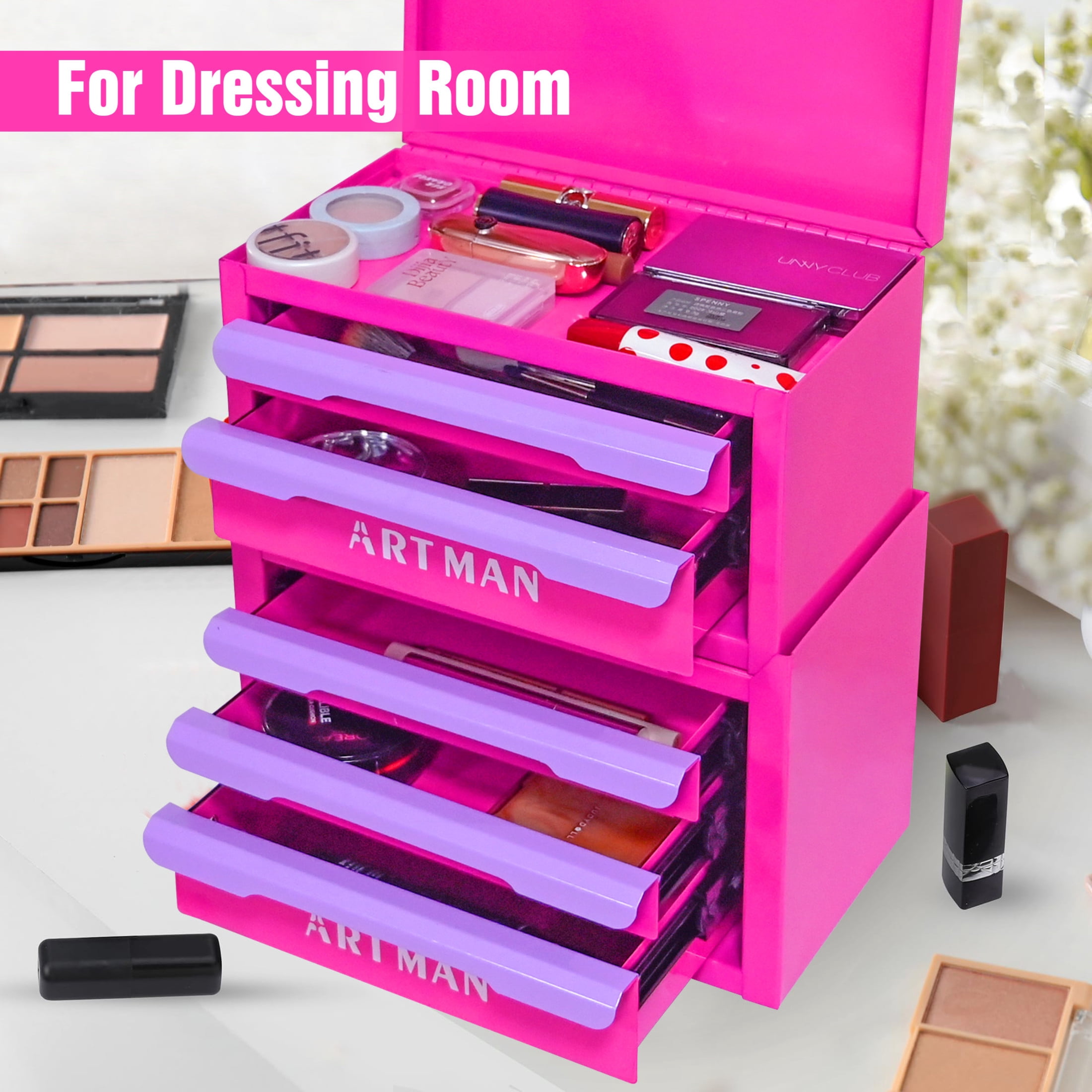 Noble House Carola Drawer-Style Desktop Storage Box, 5-Tier Stackable Steel Organizer Rack, Rose Red & Purple