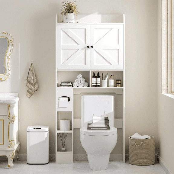 Over The Toilet Storage Cabinet with Metal Frame and 7 Storage Shelves, Bathroom Organizer with Adjustable Shelves, Paper Holder and Racks, Farmhouse Storage Cabinet for Laundry