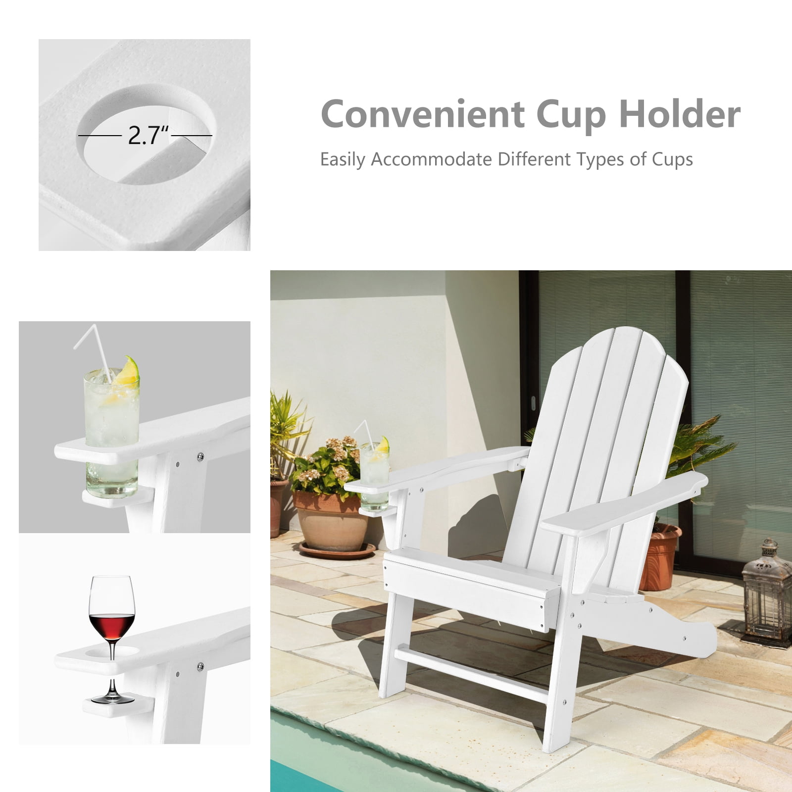 Patiojoy 2PCS Adirondack Chair Outdoor with Cup Holde Weather Resistant Lounger Chair for Backyard Garden Patio and Deck White