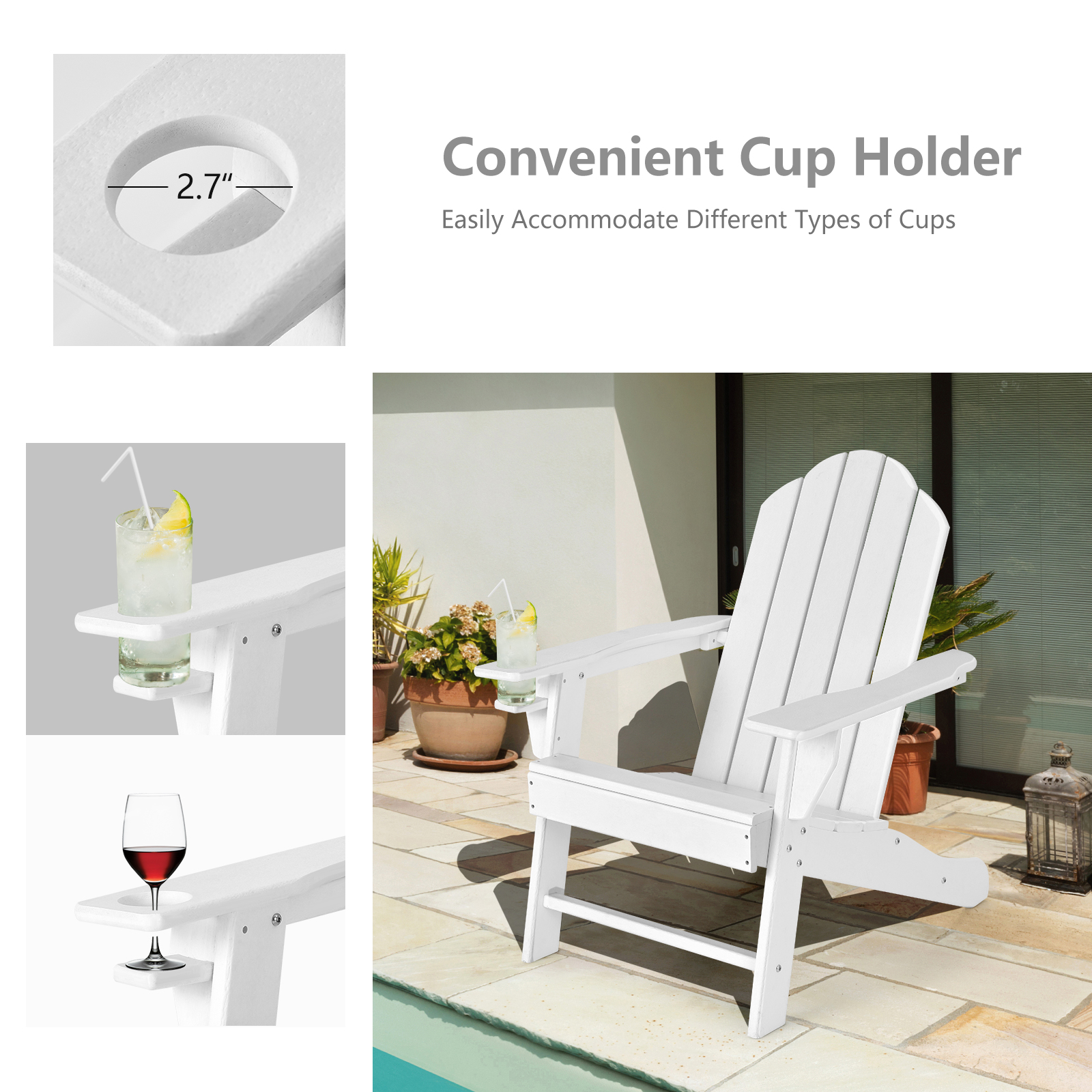 Patiojoy Patio 3PCS Adirondack Chair Side Table Set Outdoor Chair Set with End Table Weather Resistant Cup Holder for Backyard Garden White - image 4 of 7